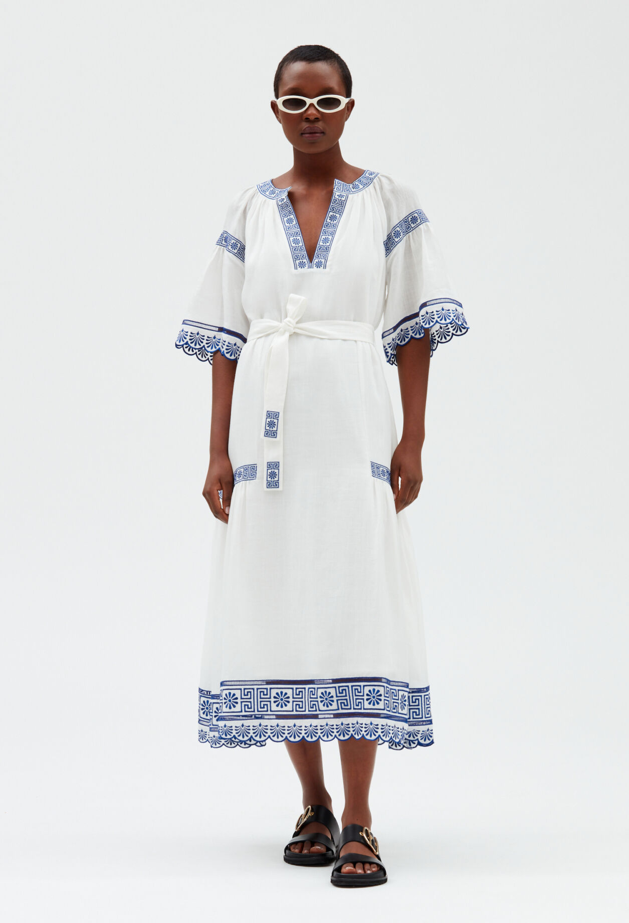 Besticktes Midikleid, ecrufarben
