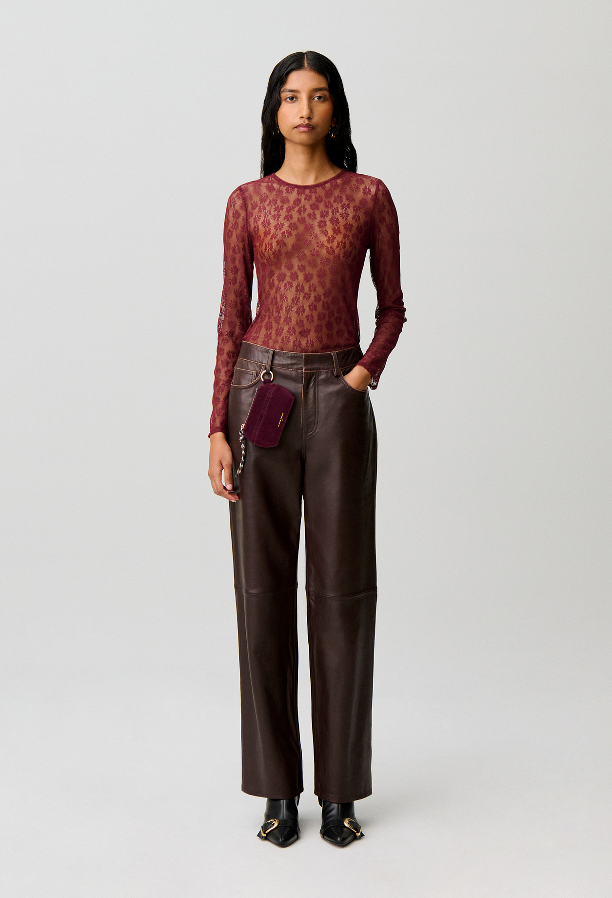 Tailliertes Langarm-Spitzenshirt Damen - Rot - Claudie Pierlot
