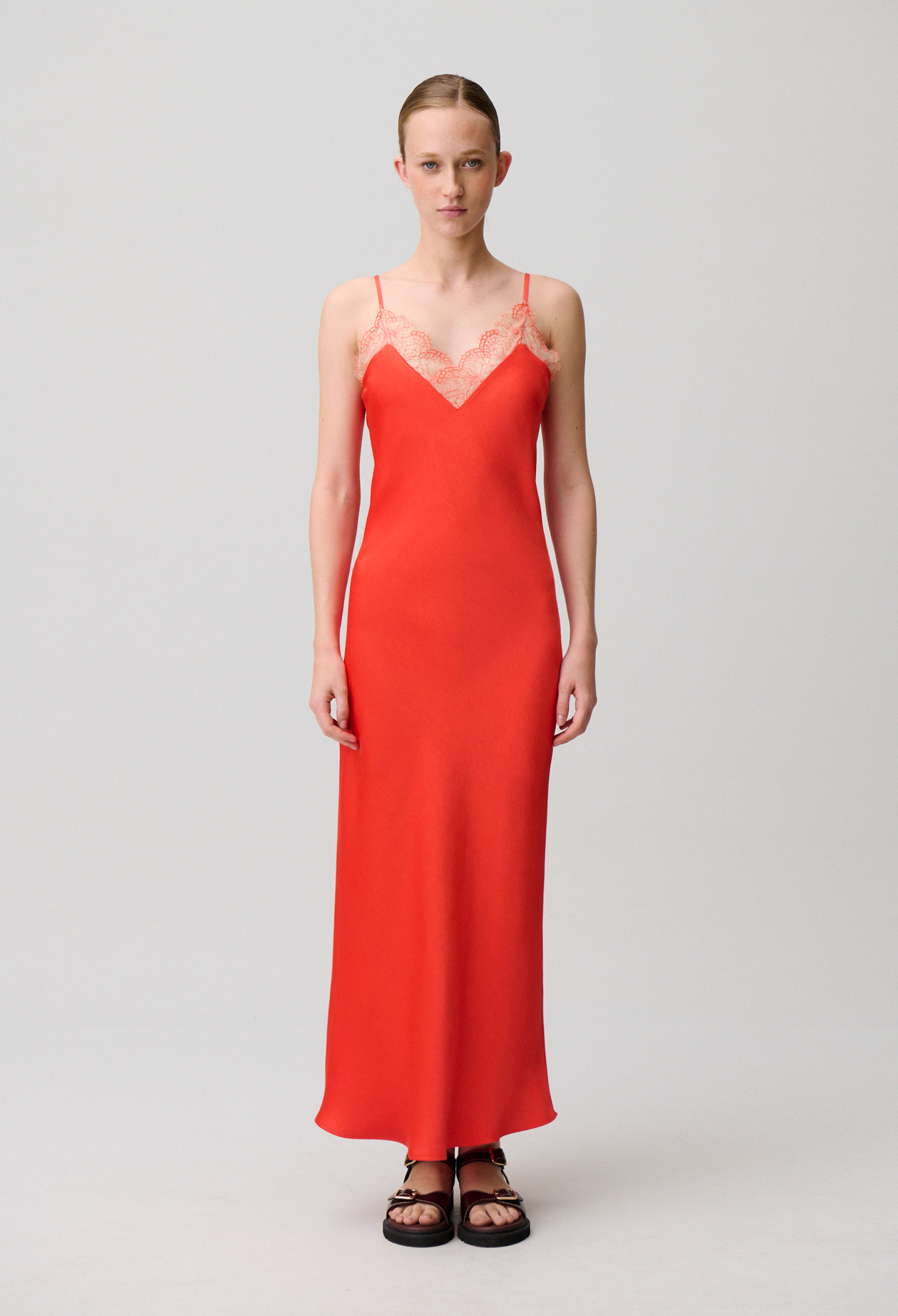 Fließendes Satinkleid mit Spitze Damen - Tangerine - Claudie Pierlot