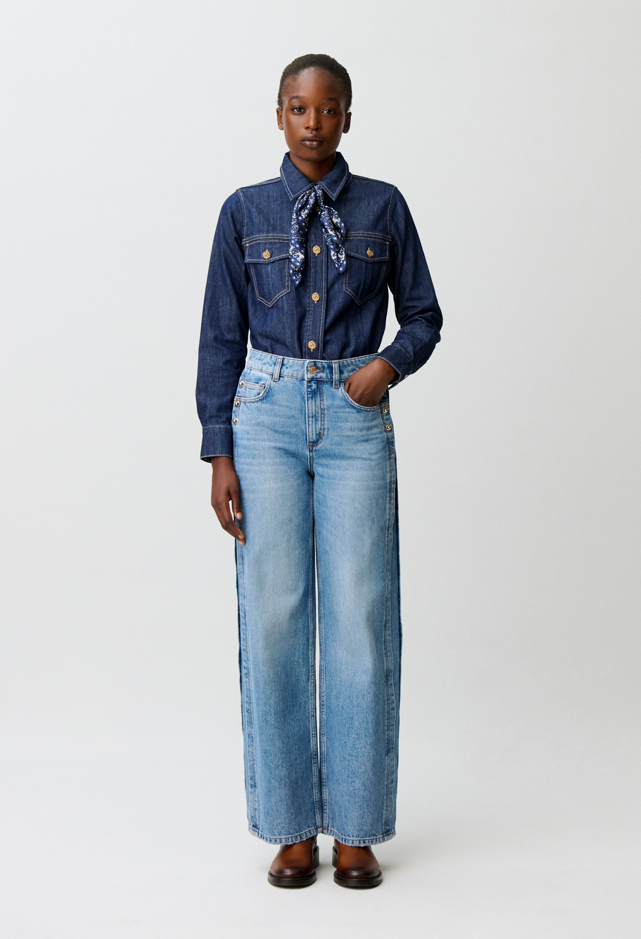 Bio-Baumwoll-Jeans mit Golddetails Damen - Denim-blue - Claudie Pierlot