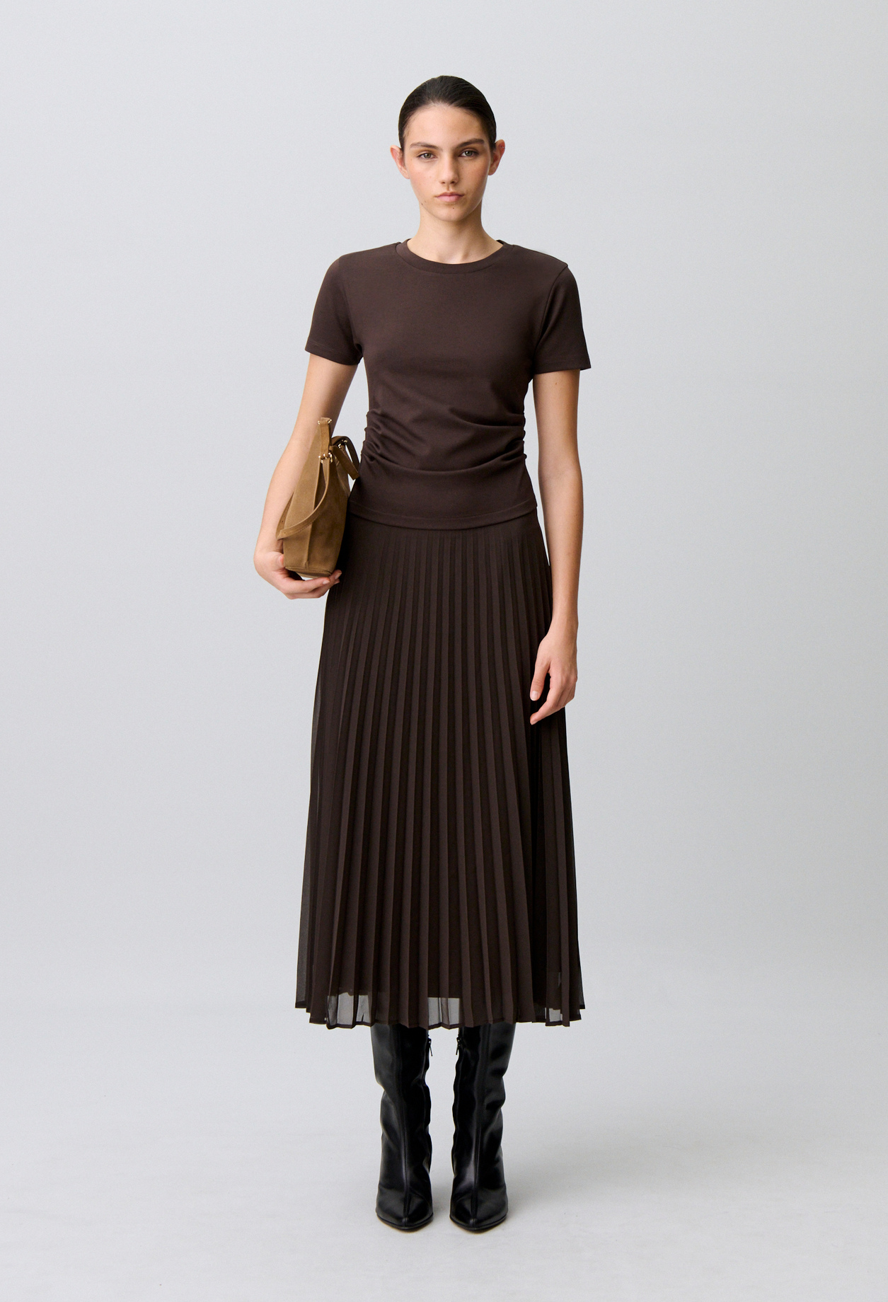 Plissiertes Materialmix-Kleid Damen - Schokolade - Claudie Pierlot