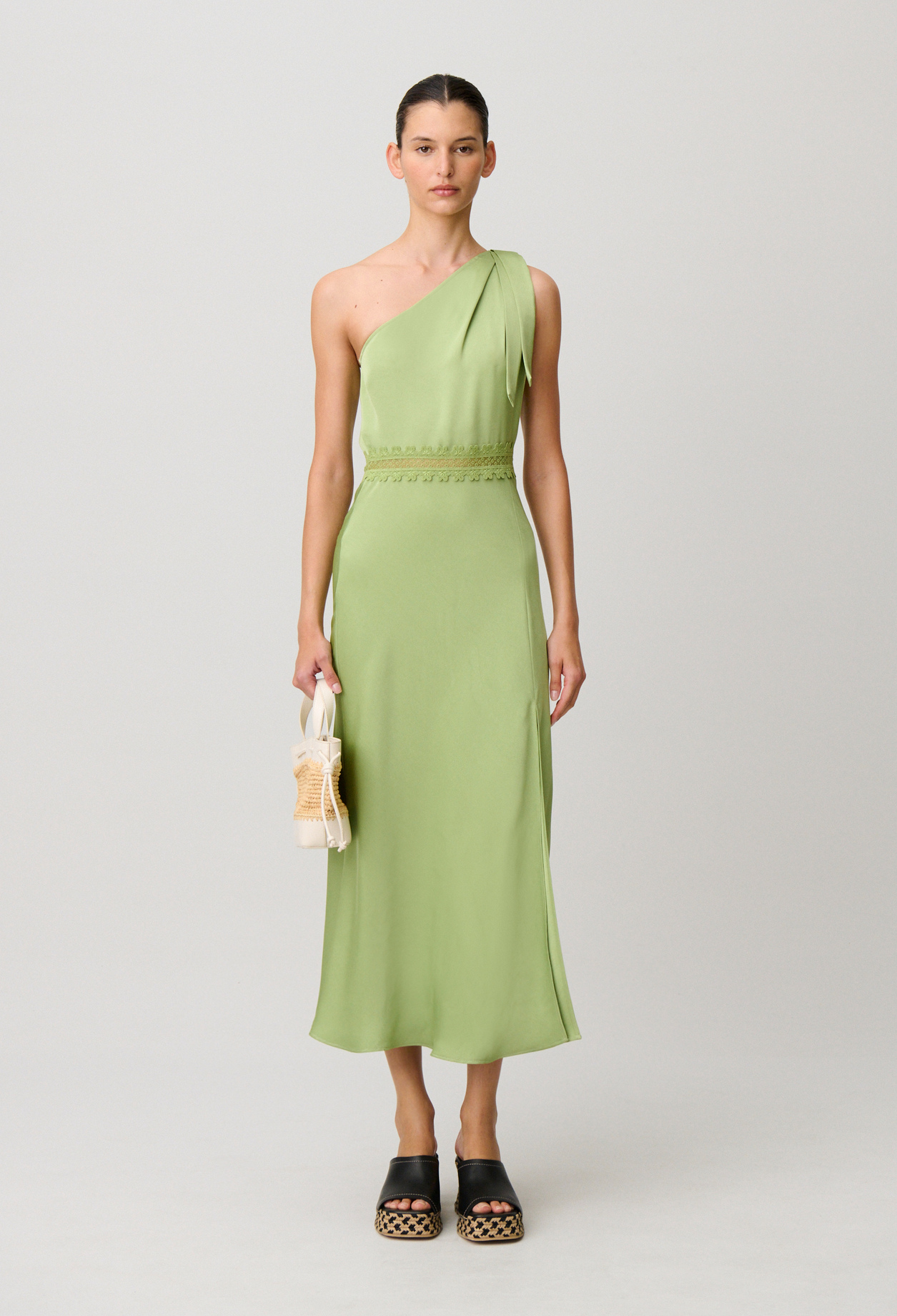 Langes Satinkleid mit Spitze Damen - Pistache - Claudie Pierlot