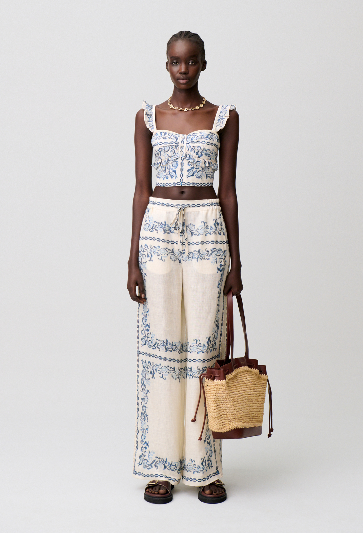Leinen-Bustier mit Volants Damen - Heller print - Claudie Pierlot