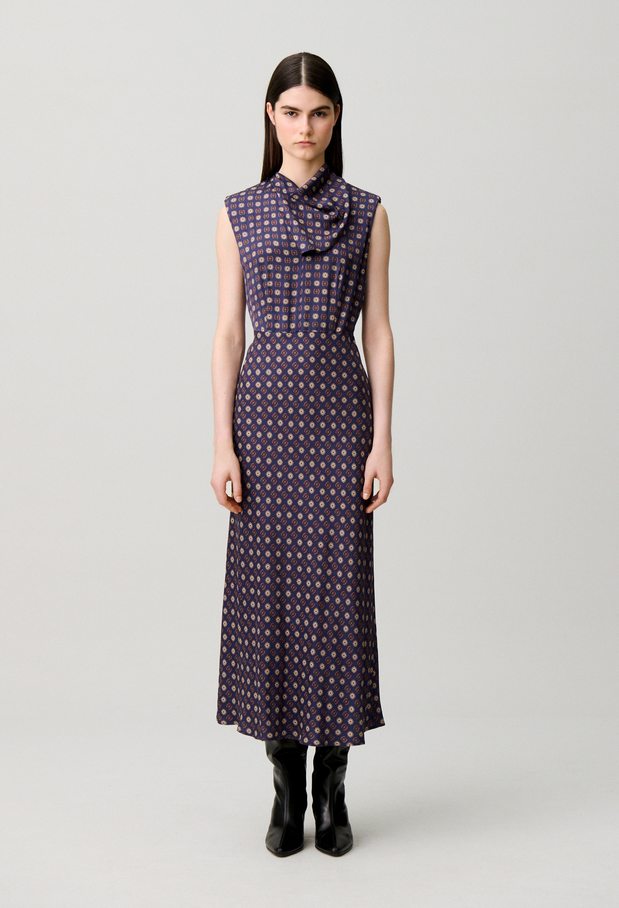 Fließendes Kleid, Schluppenkragen Damen - Marineblaue-print - Claudie Pierlot